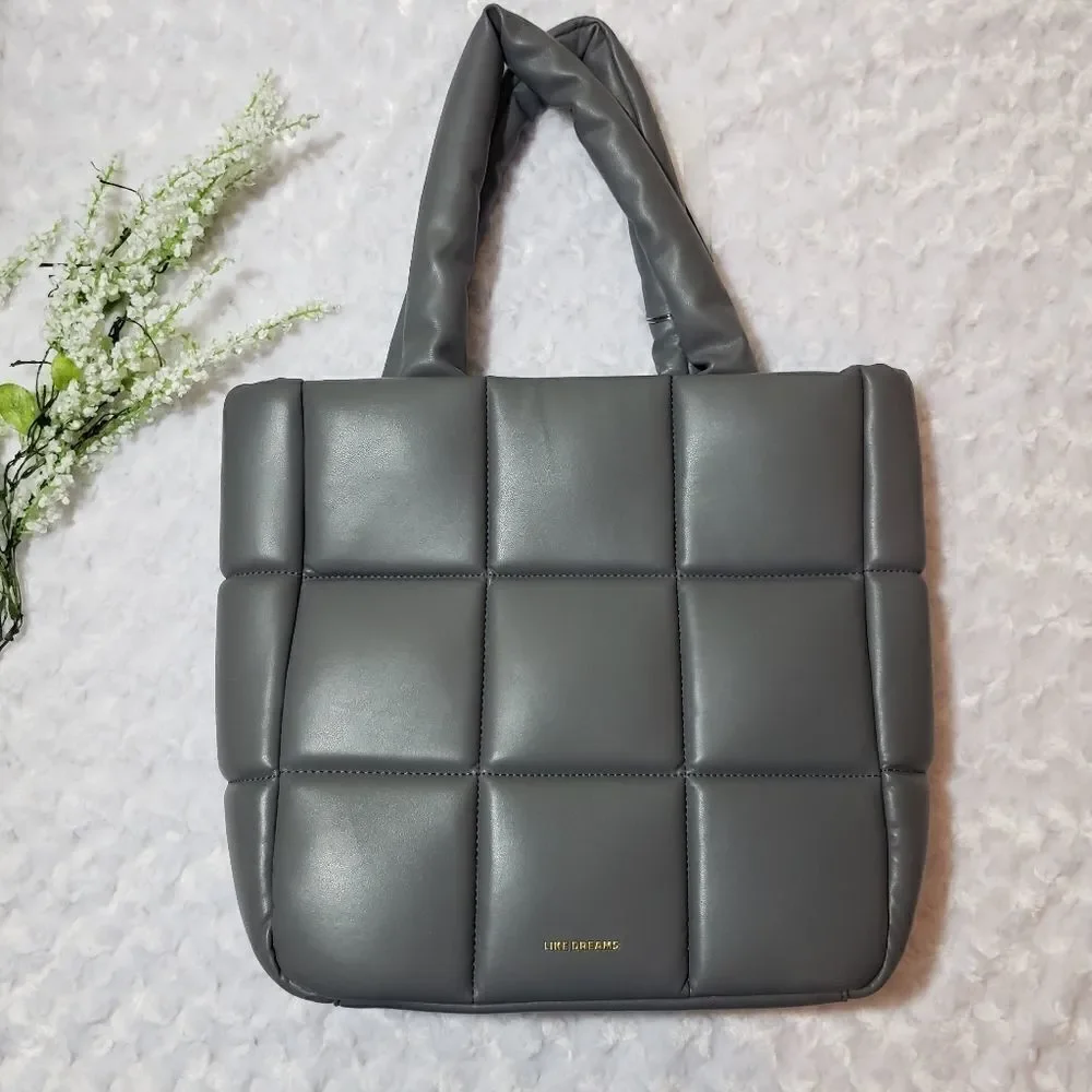 Like Dreams Grey quilted puffer shoulder tote bag travel vacation oversize purse